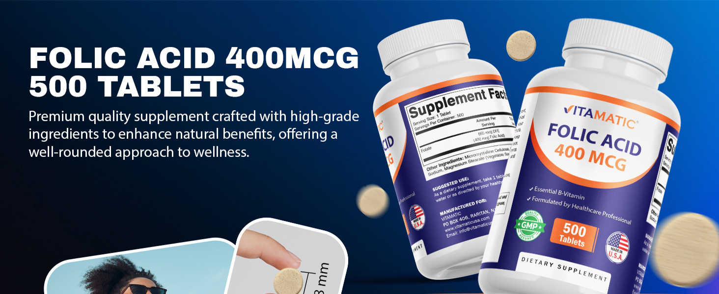 Vitamatic Folic Acid 400 mcg - 500 Vegetarian Tablets - Vitamin B9-2 Pack
