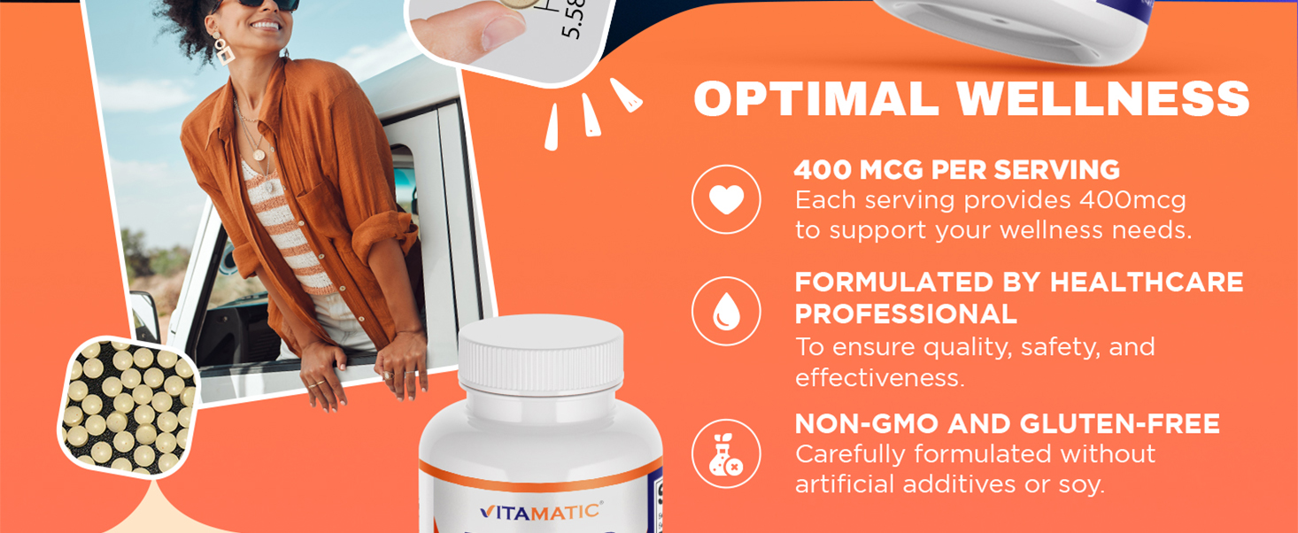 Vitamatic Folic Acid 400 mcg - 500 Vegetarian Tablets - Vitamin B9-2 Pack