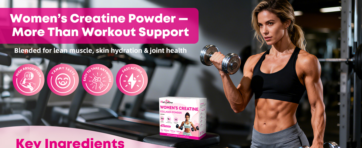 Women‘s Creatine Powder Travel Packets: Creatine Monohydrate Collagen Packs for Pre Workout Muscle Growth & Recovery Skin Elasticity Energy Metabolism with Inositol Beet Root Raspberry Flavor 30 Packs