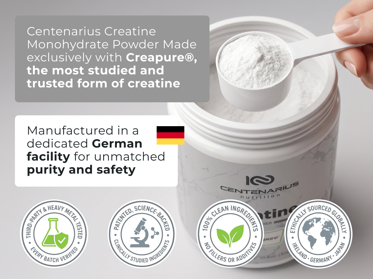 Creapure® Creatine Monohydrate Powder Unflavored 300g | Micronized Creatine Supplement for Men & Women, Supports Strength, Endurance & Muscle Performance | Centenarius Nutrition