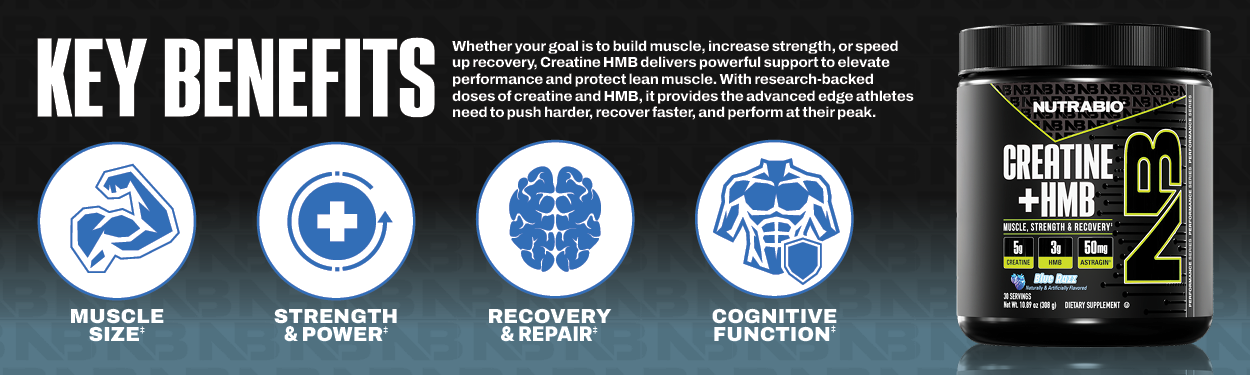 NutraBio Creatine + HMB- Creatine Monohydrate with HMB Powder for Muscle Growth, Increased Strength- 30 Servings (Blue Razz)