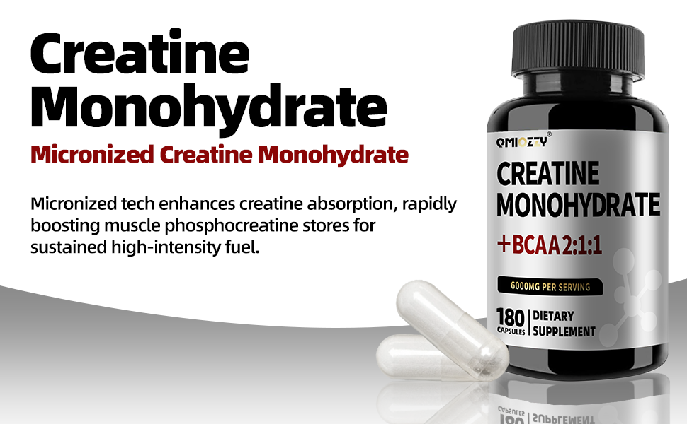 Micronized Creatine Monohydrate 6000MG with BCAA2:1:1, 180 Vegan Capsules