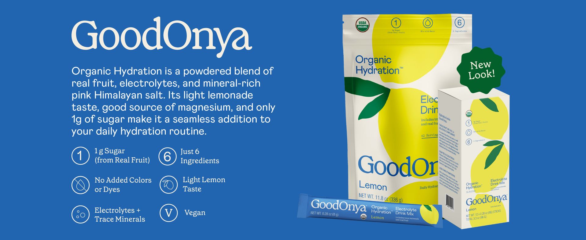 GOODONYA Organic Hydration Electrolyte Drink Mix, Certified Organic Hydration Powder, Non-GMO, Biochecked Glyphosate Free, Low Sugar, Lemonade Flavor, No Artificial Flavors,12 Stick Packs