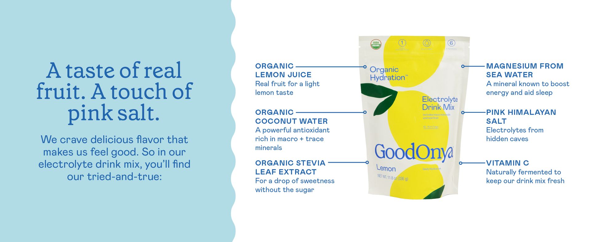 GOODONYA Organic Hydration Electrolyte Drink Mix, Certified Organic Hydration Powder, Non-GMO, Biochecked Glyphosate Free, Low Sugar, Lemonade Flavor, No Artificial Flavors,12 Stick Packs