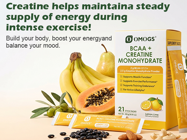 OMOGS Creatine Monohydrate + BCAA Powder, Supports Muscles, Energy, Strength, ATP Production & Endurance, for Women & Men, Keto, Vegan, Gluten-Free
