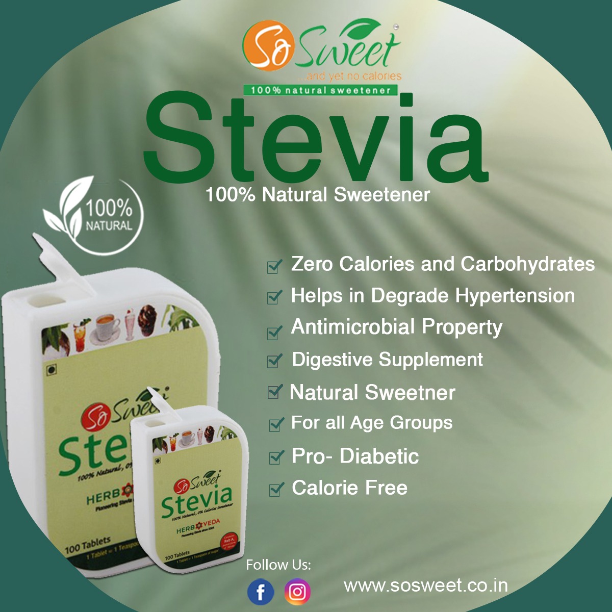 So Sweet Stevia 100% Natural Sugar free Sweetener for Diabetes - 300 Tablets -Pack of 3 (100 Each)