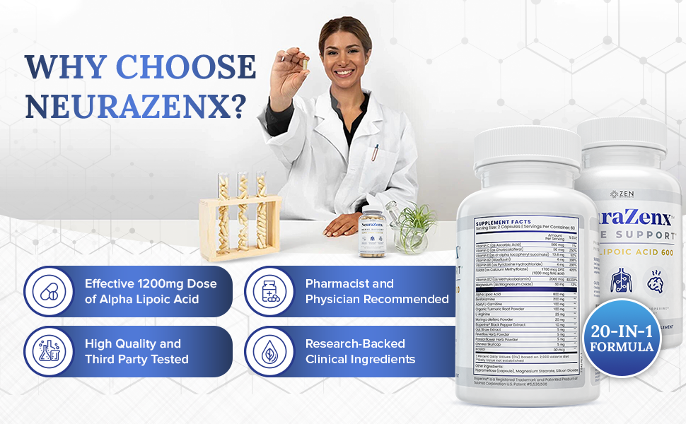 Zen Nutrients NeuraZenX Nerve Support & Peripheral Neuropathy Support Supplement with 1200mg Alpha Lipoic Acid (ALA), Benfotiamine, L-Carnitine, and Turmeric