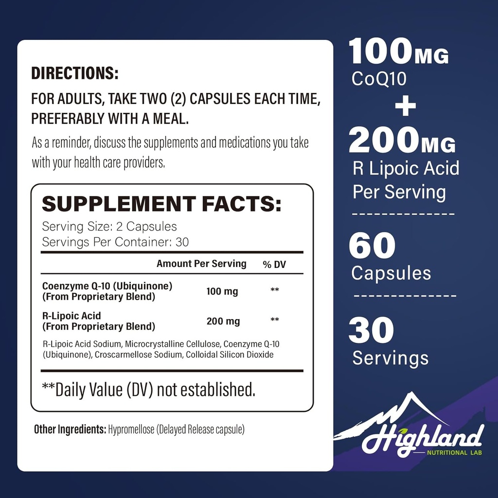 CoQ10 100mg + R-Lipoic 산성 200mg 서빙 당, 1 달 공급, 5X까지 개량된 흡수, 심장 건강과 Cognitive Health-60 캡슐을 위한 R-Lipoic 산/CoQ10 보충교재