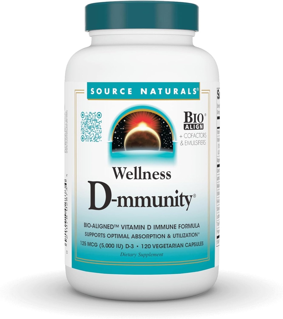 Source Naturals Wellness D-mmunity, Bio-Aligned Vitamin D Immune Formula, Optimal Absorption 및 Utilization* 지원 - 120 채식 캡슐