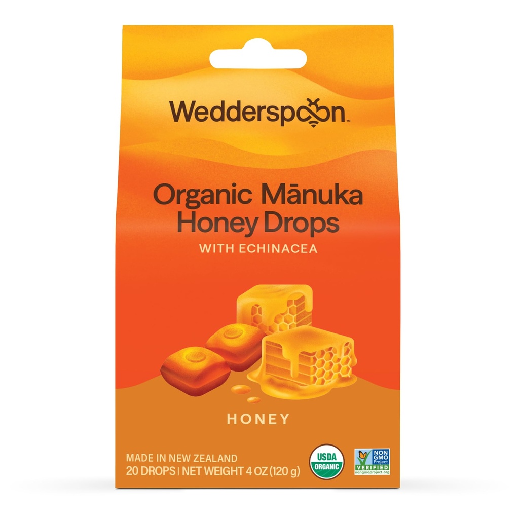 Wedderspoon Organic Manuka Honey Drops, Honey & Echinacea, 20 Count (Pack of 1) | 정품 뉴질랜드 꿀 | 드라이 스로트를위한 완벽한 Remedy