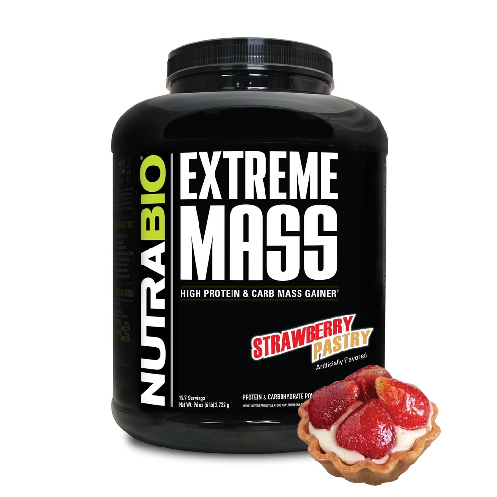 NutraBio Extreme Mass Gainer Protein Powder, 53G Protein, Clean Weight Gainer, 증가 근육 질량, 전체 스펙트럼 아미노산 - Strawberry Pastry, 6 파운드