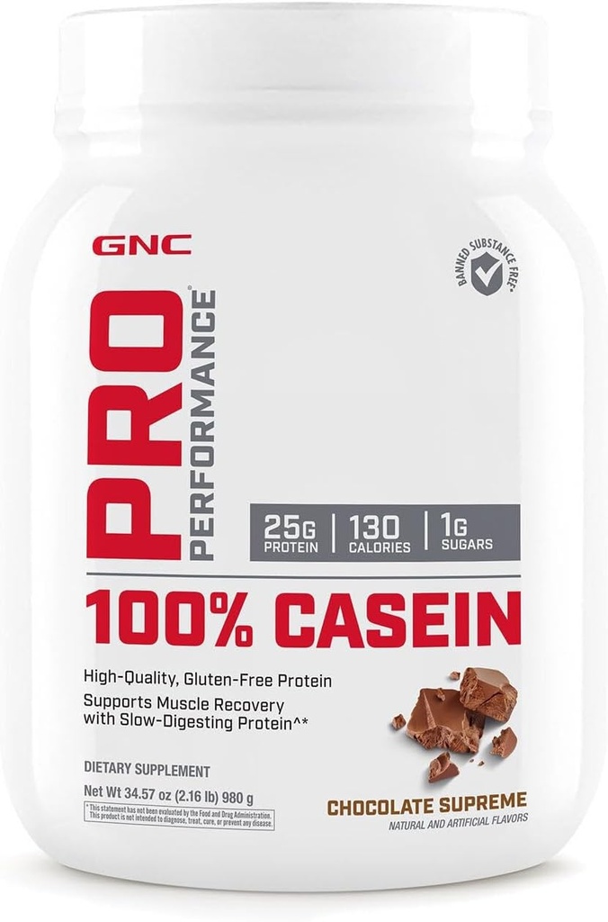 GNC Pro Performance 100 % Casein Protein Powder, 25g Protein, Sustained Muscle Strength, Recovery, Slow Digesting, Gluten Free, 3rd Party Tested, 초콜릿 Supreme, 28 서빙