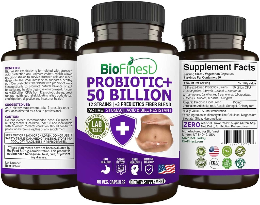 BioFinest Probiotic 50 억 CFU Enzyme 보충 - 3 자연적인 Prebiotics를 가진 12의 Probiotics Strains - Gut 소화 Detox 가스 Bloating 변비 - 남자 여자 (60 Veg. 모자)를 위한 Acidophilus