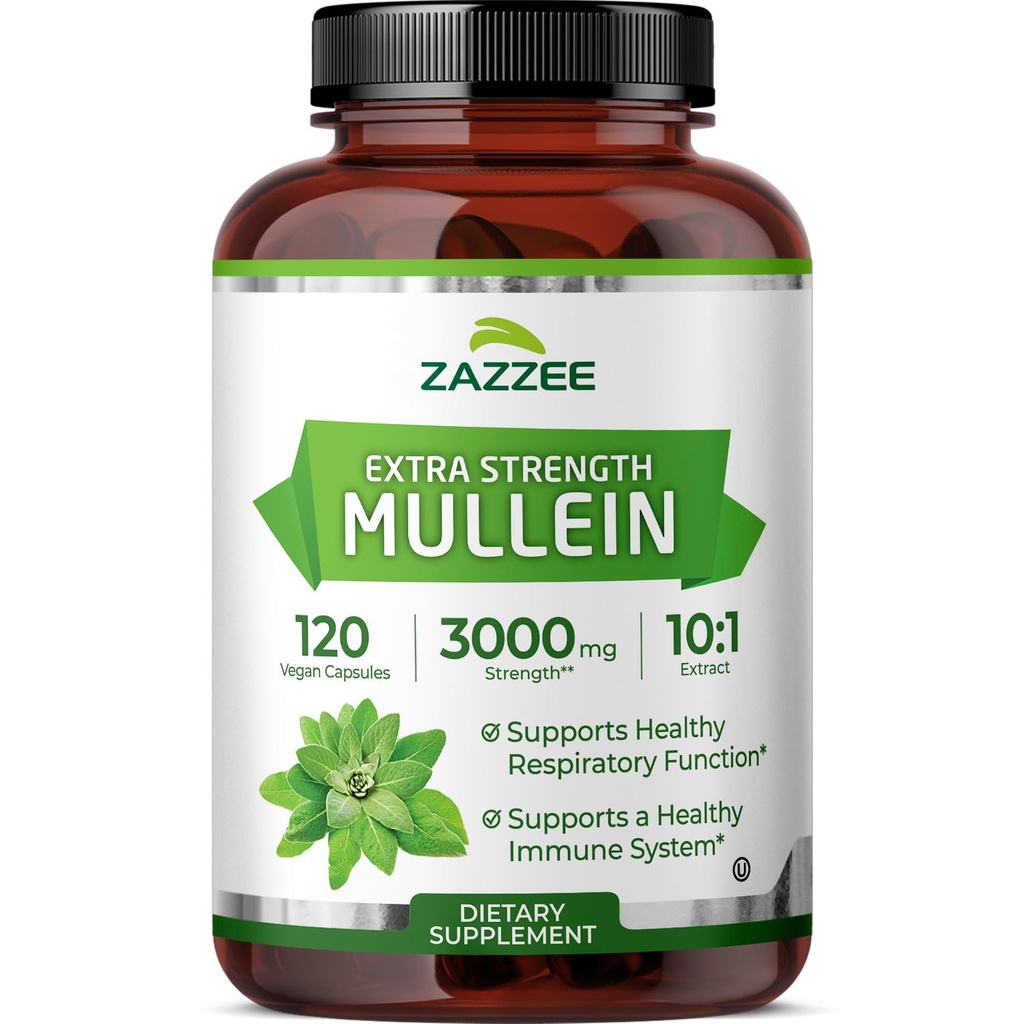 Zazzee 여분 힘 Mullein 10:1 추출물, 3000 mg 힘, 120 Vegan 캡슐, 4 달 공급, 표준화된 10X 추출물, 100% 순수한 잎 분말, 미국에서 만드는 전 자연과 비 GMO