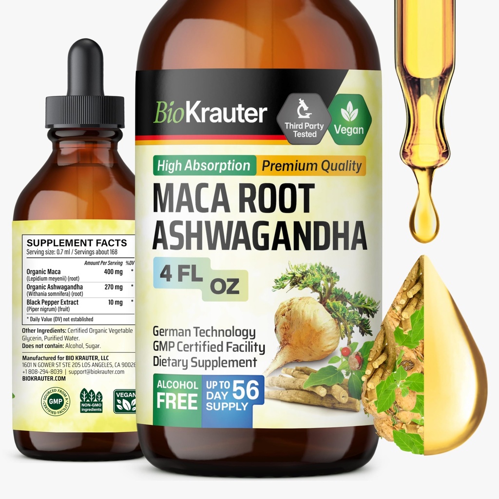 BIO KRAUTER Maca 뿌리와 Ashwagandha Tincture - 남성 및 여성을위한 Maca & Ashwagandha 보충제 - 계류 지원을위한 Adaptogenic 액체 보충 - 알코올 및 설탕 무료 Vegan Drops 4 Fl.Oz.