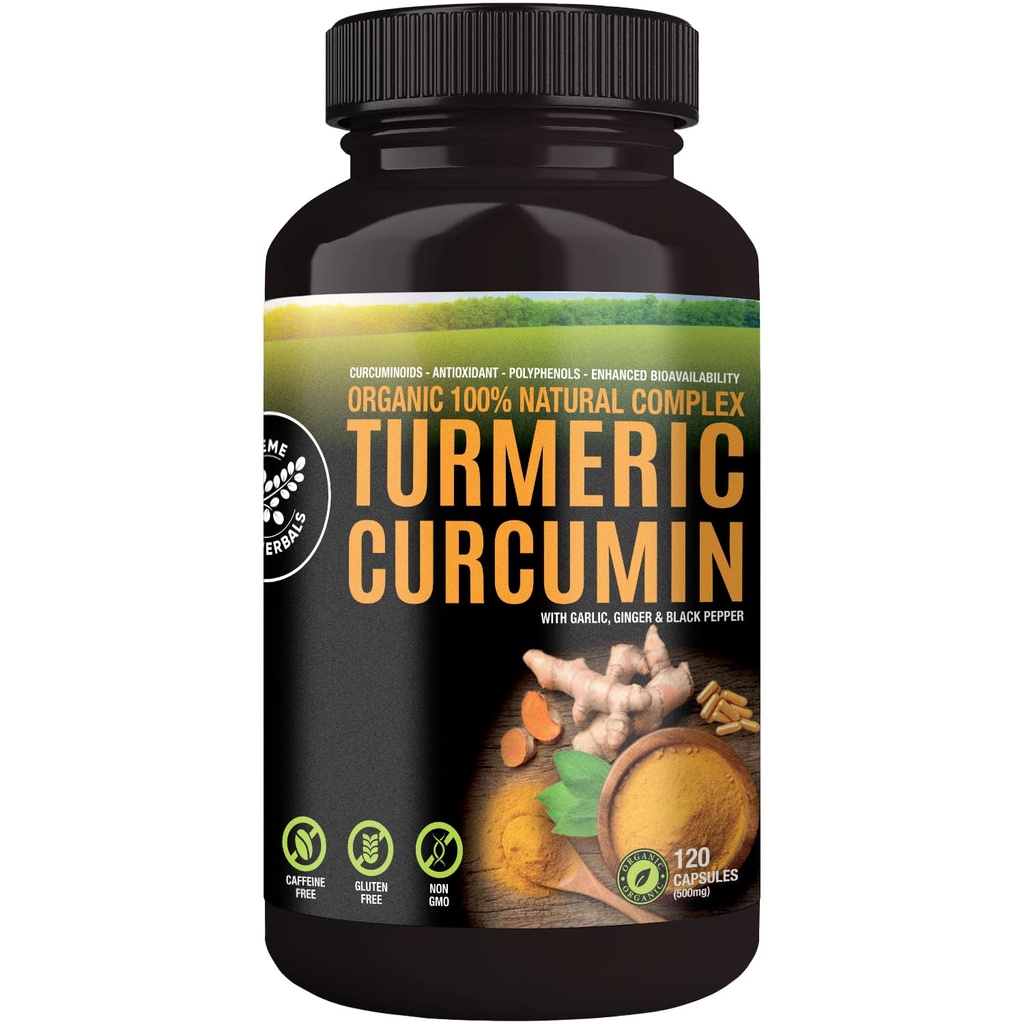 100% 익지않는과 유기 심황 Curcumin 캡슐. 유기, 글루텐 자유로운, 비 GMO 및 카페인 자유로운 증명했습니다. 마늘, 생강 및 까만 고추, 500mg, 120 Vegan 캡슐로 강화해