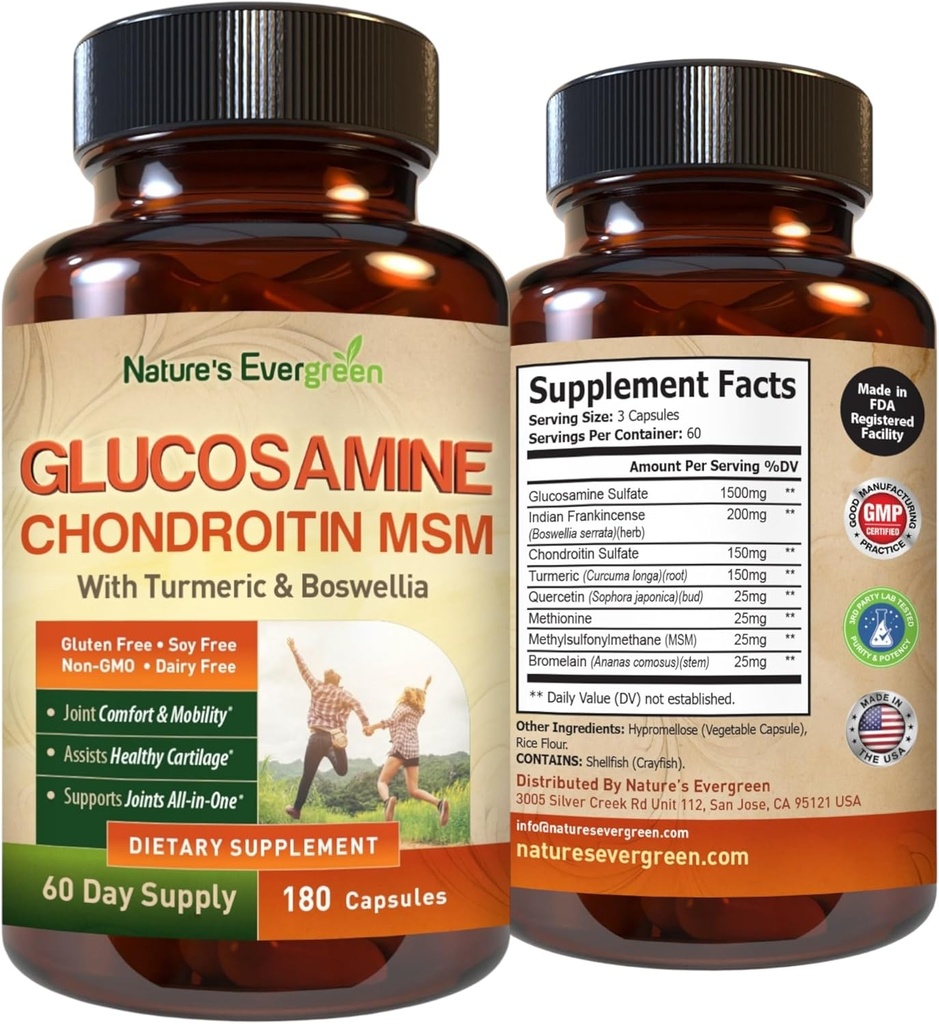 Glucosamine Chondroitin MSM with Turmeric & Boswellia Supplement | 합동 지원 보충교재 글루코사민 황산염 1500mg | 여성 & 남자를 위한 합동 건강 Chondroitin 황산염 MSM - 180의 캡슐