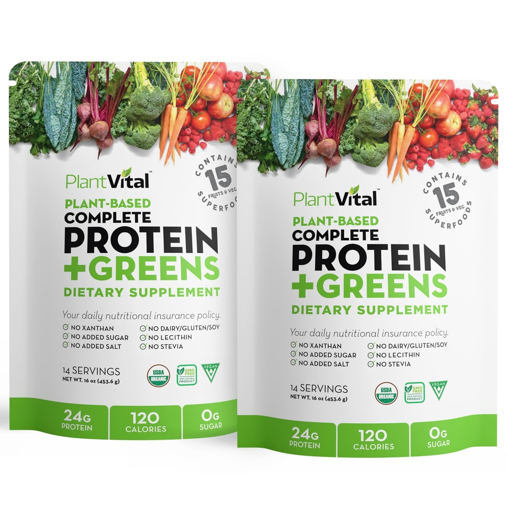 Plantvital Unflavored Organic Vegan Protein Powder - 15 Superfoods, Veggies 및 Probiotics - 유기농 식물 기반 단백질 분말 - 모든 BCAA의, 글루텐 무료 - 16oz (팩 2)