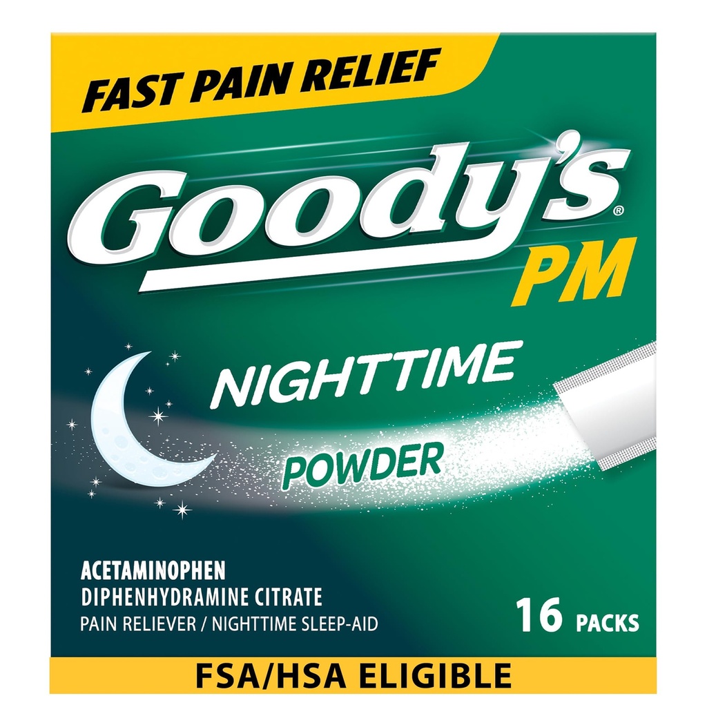 Goody의 야간 분말, 고통 Reliever & Acetaminophen & Diphenhydramine 구연산염, 카페인 자유로운, 16 조사를 가진 잠 원조