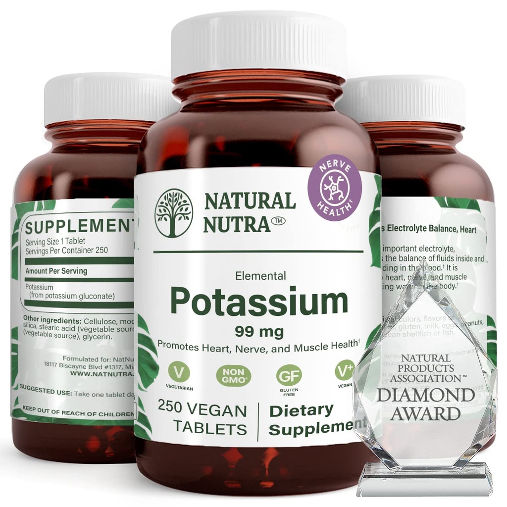Natural Nutra Elemental Potassium Gluconate 99 mg Dietary Supplement - 에너지, 도움 Boost Nervous 시스템, 심장 건강, 미네랄 규정, 근육 기능 촉진 - 250 Vegan 정제