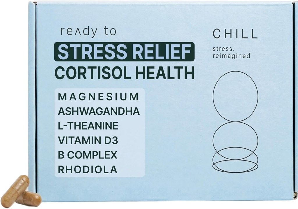 CHILL 스트레스 완화 보충교재 – 여성 & 남자를위한 Cortisol 건강 - 균형 잡힌 계류, Relaxation & Sleep – 마그네슘, Ashwagandha, L-Theanine, B Complex – 60 캡슐 11/30/25 만료