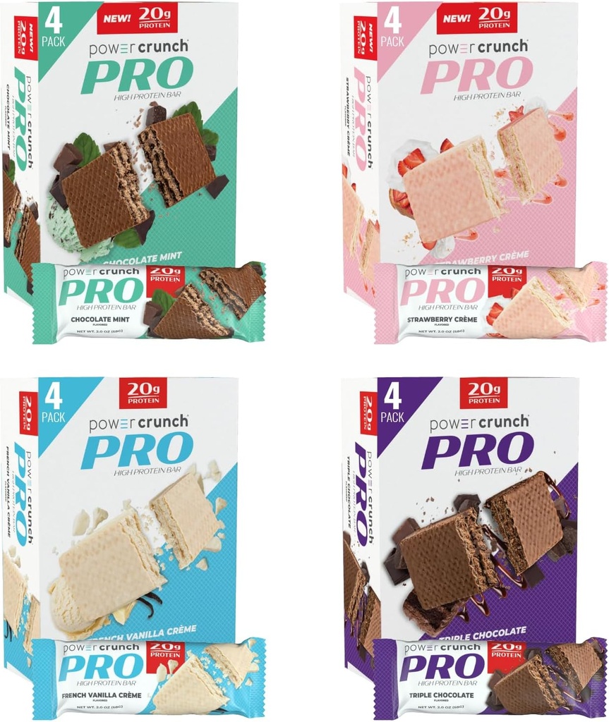 Power Crunch PRO Protein Wafer Bars, 다양한 팩, 4 가지 맛 2.0 Ounce Bars (16 개). 높은 단백질