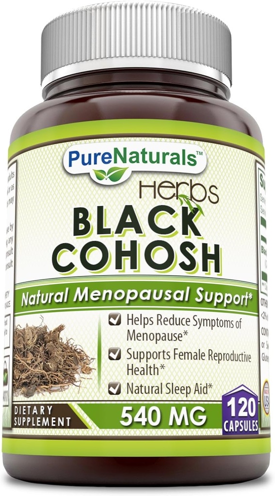 Pure Naturals Black Cohosh Menopause Relief - Menopause 지원을위한 천연 솔루션 - 순수한 뿌리 추출물 120 캡슐 540 Mg 보충