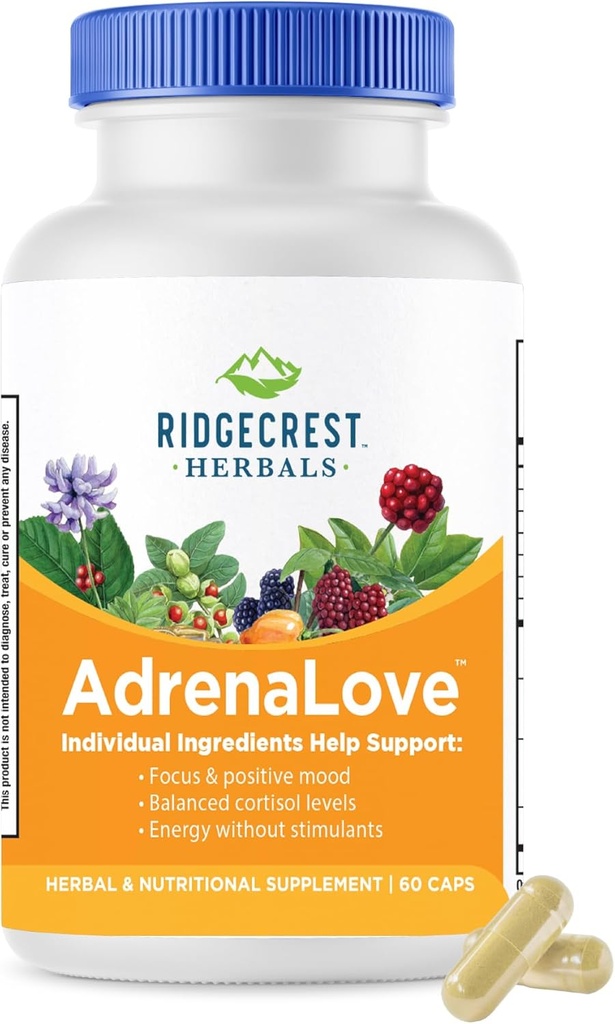 Ridgecrest Herbals AdrenaLove, 스트레스 및 에너지 지원 Ashwagandha, L-Theanine, Ginseng, Schisandra, Taurine, Holy Basil, Adaptogens, B 비타민 (60 Vegan Caps, 30 Serv)와 보충