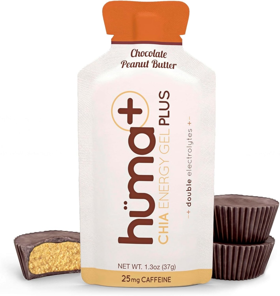 Huma Plus (Double Electrolytes) - Chia Energy Gel, 초콜렛 땅콩 버터, 12 젤 - Stomach Friendly, Real Food Energy Gel