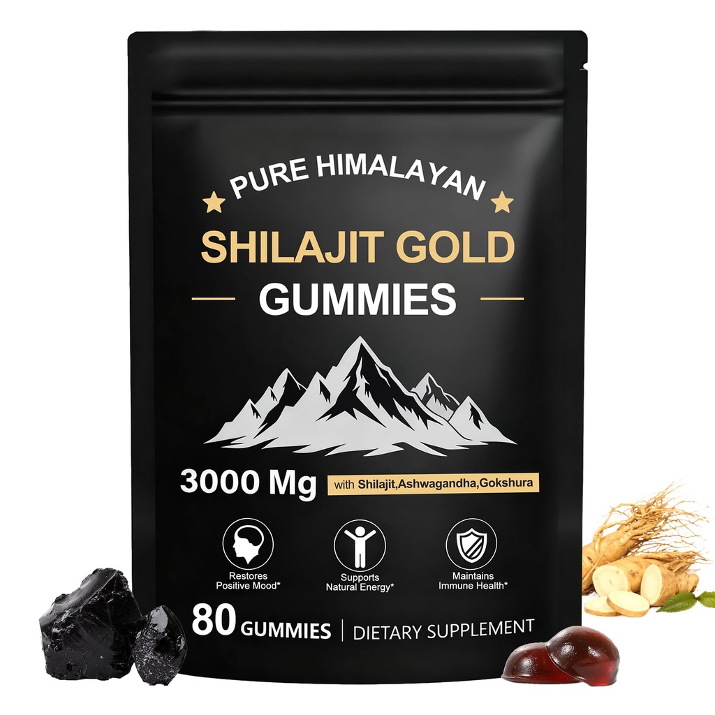 Shilajit Gummies, 순수한 Himalayan Shilajit Gummies 금, 추가 설탕 비 GMO 100 % 천연 및 유기, Ashwagandha, Gokshura| Fulvic 산 및 85 + 남성용 추적 미네랄 | 60 거미