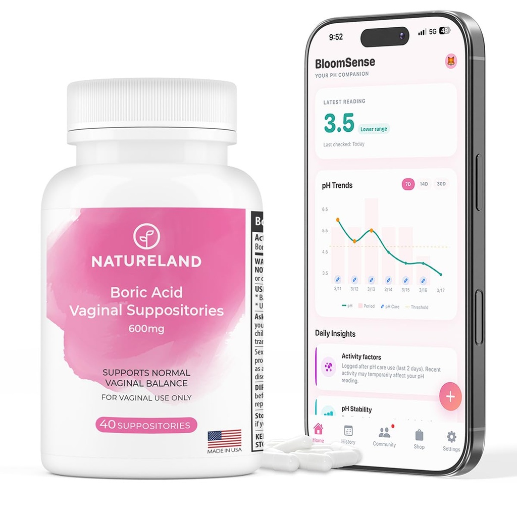 Natureland 40 Count, 600mg Boric Acid Vaginal Suppositories, 미국에서 만든, Restore PH Balance 및 감속 건조, 냄새, Itchiness 및 방전, Intimate Health (40 Count) 지원
