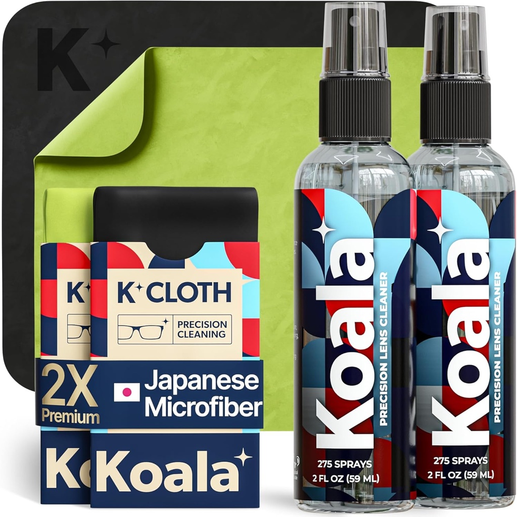 Koala 안경 렌즈 클리너 스프레이 키트 | (2x) 안경 클리너 병 + (2x) 마이크로 화이버 천 | 알코올 무료 안경, 스크린, 카메라 청소 키트 | 미국에서 제작 (4 조각 세트)