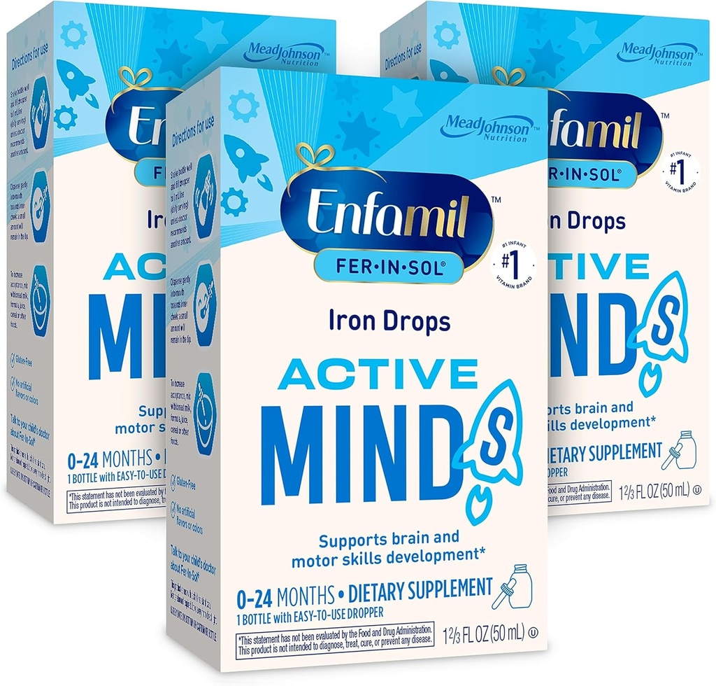 Enfamil Fer-In-Sol Iron Supplement Drops for Infants & Toddlers, 지원 뇌 개발, 50 mL Dropper Bottle, 3 팩