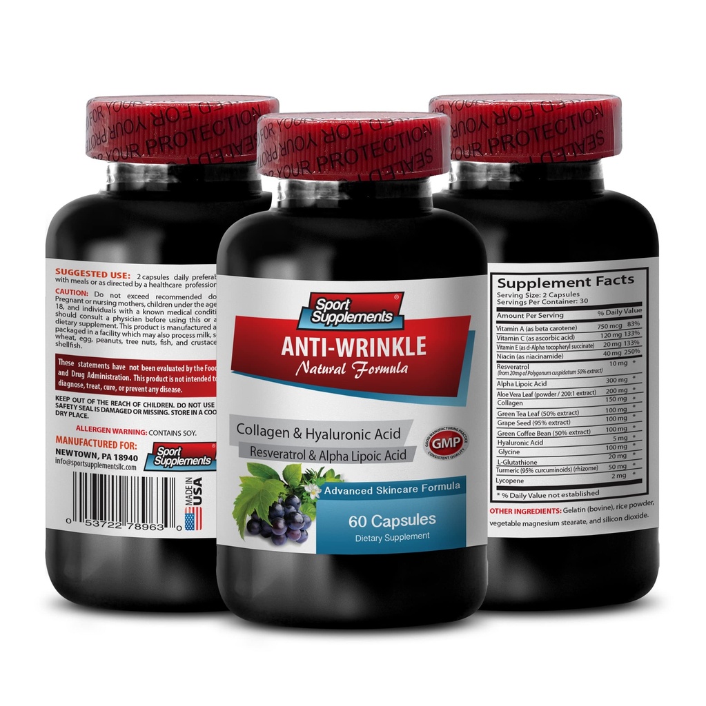 Resveratrol 250 - 반대로 주름 알약 - 여성, 교원질 반대로 주름 알약, 피부, 알로에 베라 캡슐 유기, hauloronic 산 비타민, 1 Bot 60 캡슐을 위한 노화 방지 피부 관리