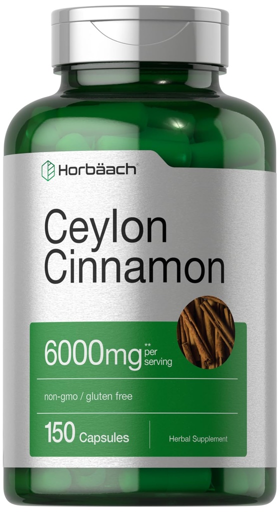 Horbäach Ceylon Cinnamon 캡슐 | 6000 mg | 150 개 | Non-GMO 및 글루텐 무료 보충