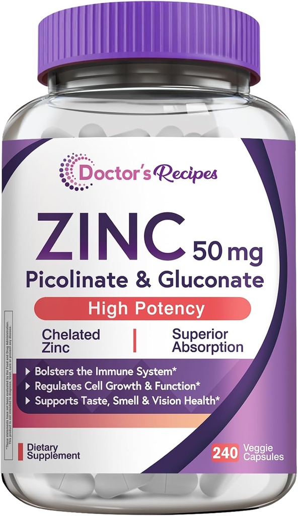 의사의 조리법 아연 50mg, 높게 흡수성 아연 Picolinate & Gluconate, 지원 자연적인 면역성 방위, DNA & 단백질 형성, 세포 성장, 비 GMO, 240 Veggie 캡슐