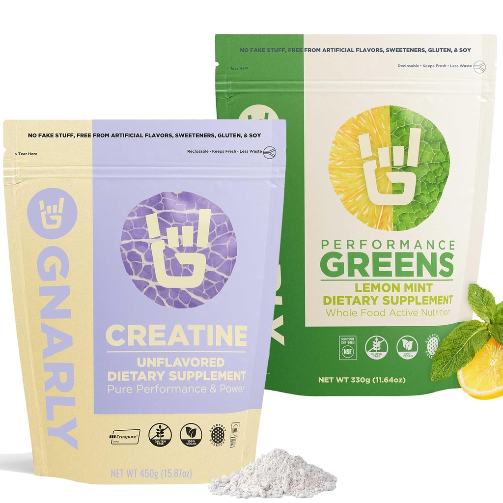 Gnarly Nutrition Creatine Powder, Unflavored (16.05oz) 및 Gnarly Performance Greens 레몬 민트 (11.64 oz)