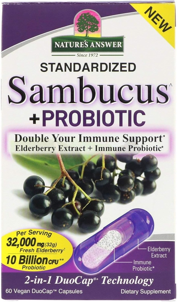 자연의 답변 Sambucus + Probiotic | 새로운 2-in-1 이중 면역 지원 | 32,000mg 표준화 된 신선한 Elderberry 듀오 캡 10 억 CFU 프로바이오틱 | 글루텐 프리, 비 GMO | 60 Vegan 캡슐