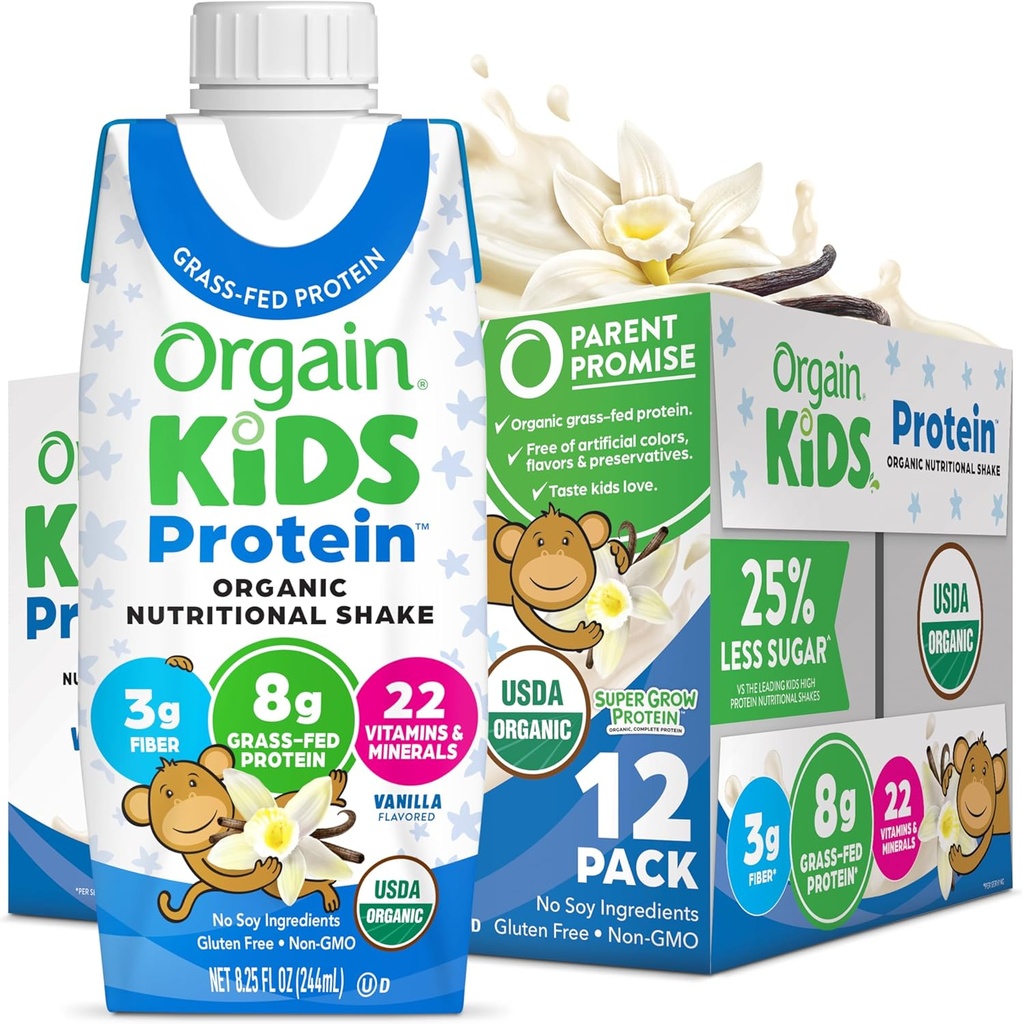 Orgain 유기 아이 영양 단백질 Shake, 바닐라, 건강한 아이 식사, 8g 낙농장 단백질, 3g 섬유, 22 비타민 & 무기물, 아니 간장 성분, 글루텐 자유로운, 비 GMO, 8.25 Fl Oz (12의 포장)
