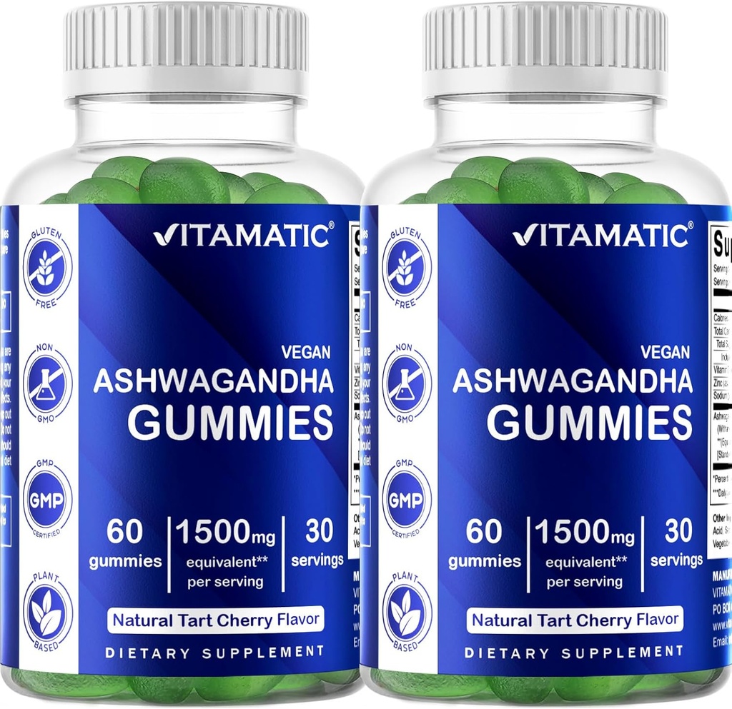 Vitamatic 2 팩 Ashwagandha Gummies 1500 mg는 서빙 당 동등합니다 (30:1 추출물 50 mg에서) - 60 Vegan Gummies - 3% withanolides