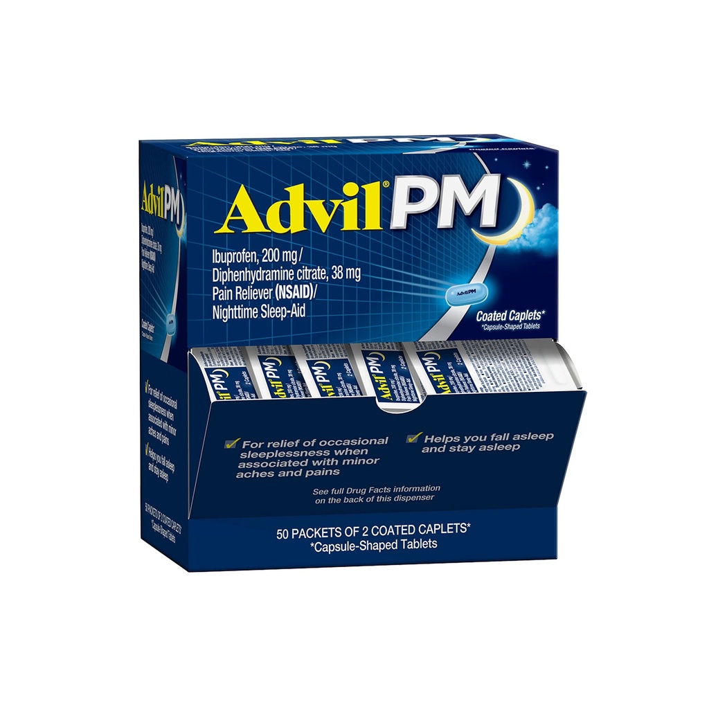 Advil PM Pain Reliever 및 야간 수면 보조, 통증 완화 및 수면 보조를위한 Diphenhydramine 구연산염 - 50x2 코팅 캡