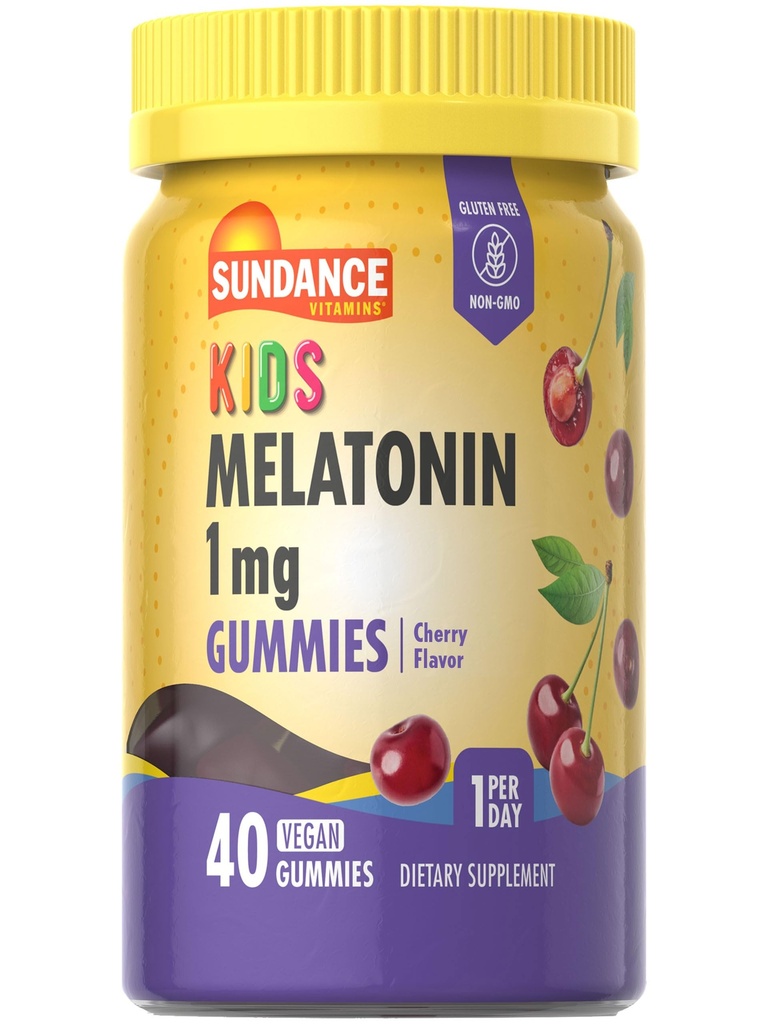 Sundance Kid's Melatonin Gummies 1mg | 40 개 | 체리 맛 | Vegan, Non-GMO, 글루텐 무료 보충