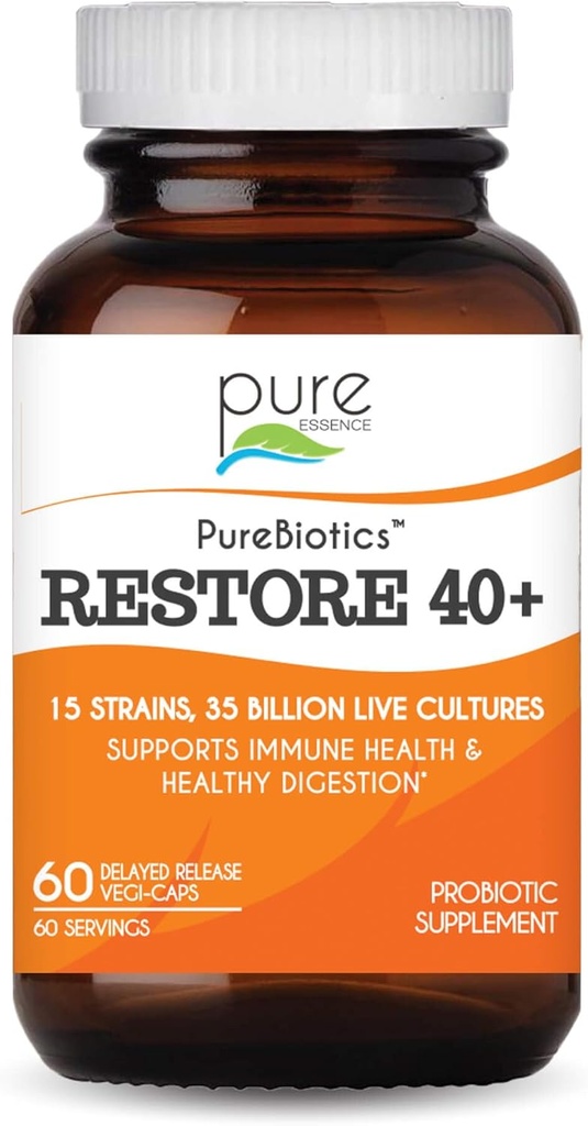 PURE ESSENCE LABS PureBiotics Restore 40 + Probiotic Supplement - Immune & Digestive Health - Dairy & Gluten 무료 - 15 Strains (35 Billion CTU) 성인 자연적인 Probiotics (60 모자)
