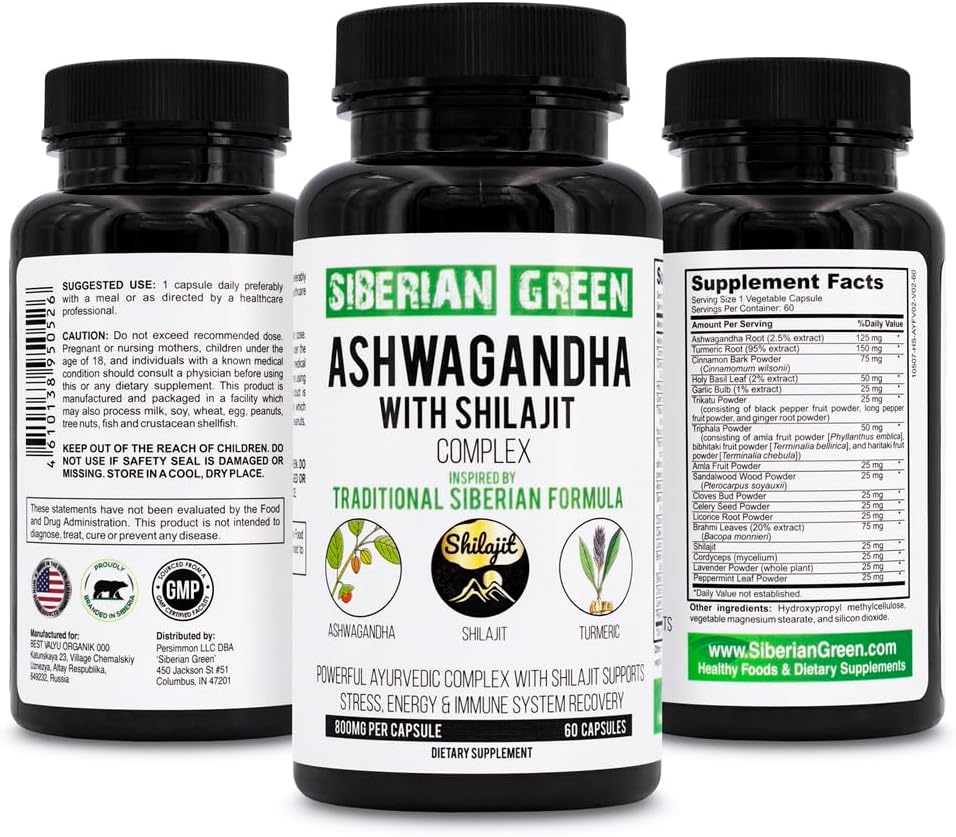 Siberian Green Ashwagandha with Altai Shilajit & Turmeric Ayurvedic Complex 60 캡슐 - 전통 시베리아 공식 스트레스 완화, 무드, 에너지 지원, 면역 체계 회복