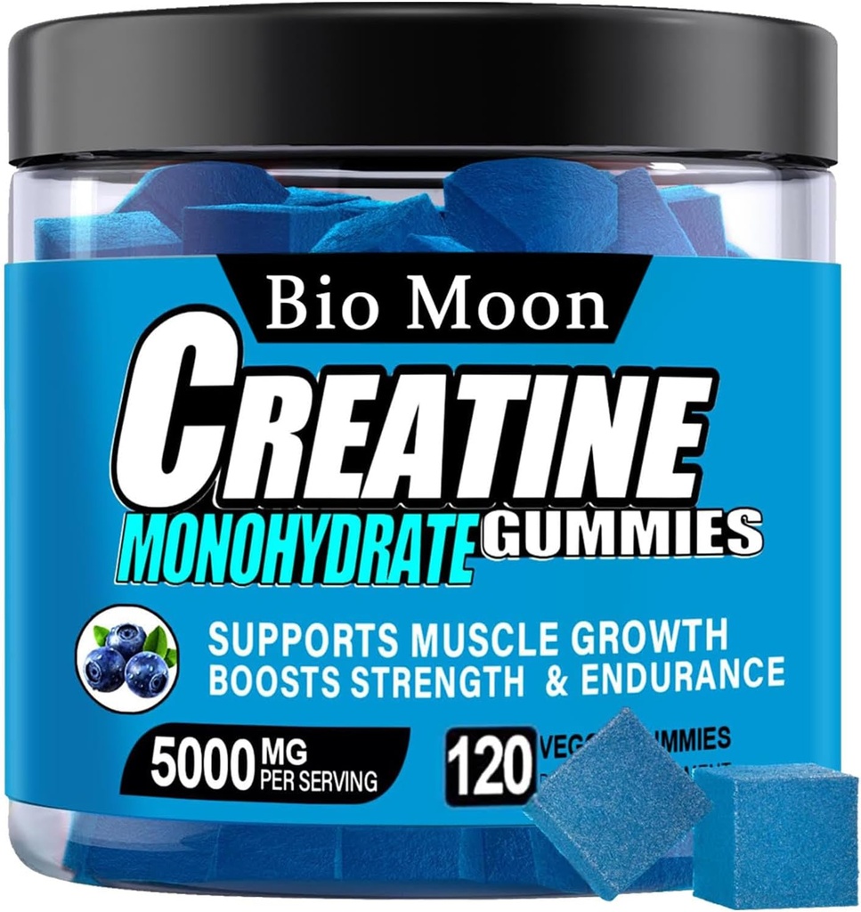 Creatine Monohydrate Gummies 남성 & 여성을 위한 5000mg, 근육 힘을 위한 Chewable Creatine Monohydrate, 근육 건축업자, 에너지 부스트, 전 운동 보충교재 (120 조사) - 블루 베리 풍미