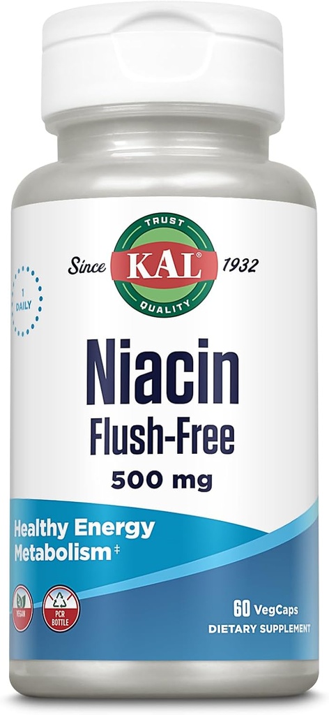 KAL Niacin 500mg Flush 무료 - 비타민 B3 보충 - 대사 및 에너지 지원 - 피부, Nerve, 소화 건강 및 순환 지원 - Vegan 비타민, 60 일 보증, 60 인분, 60 VegCaps