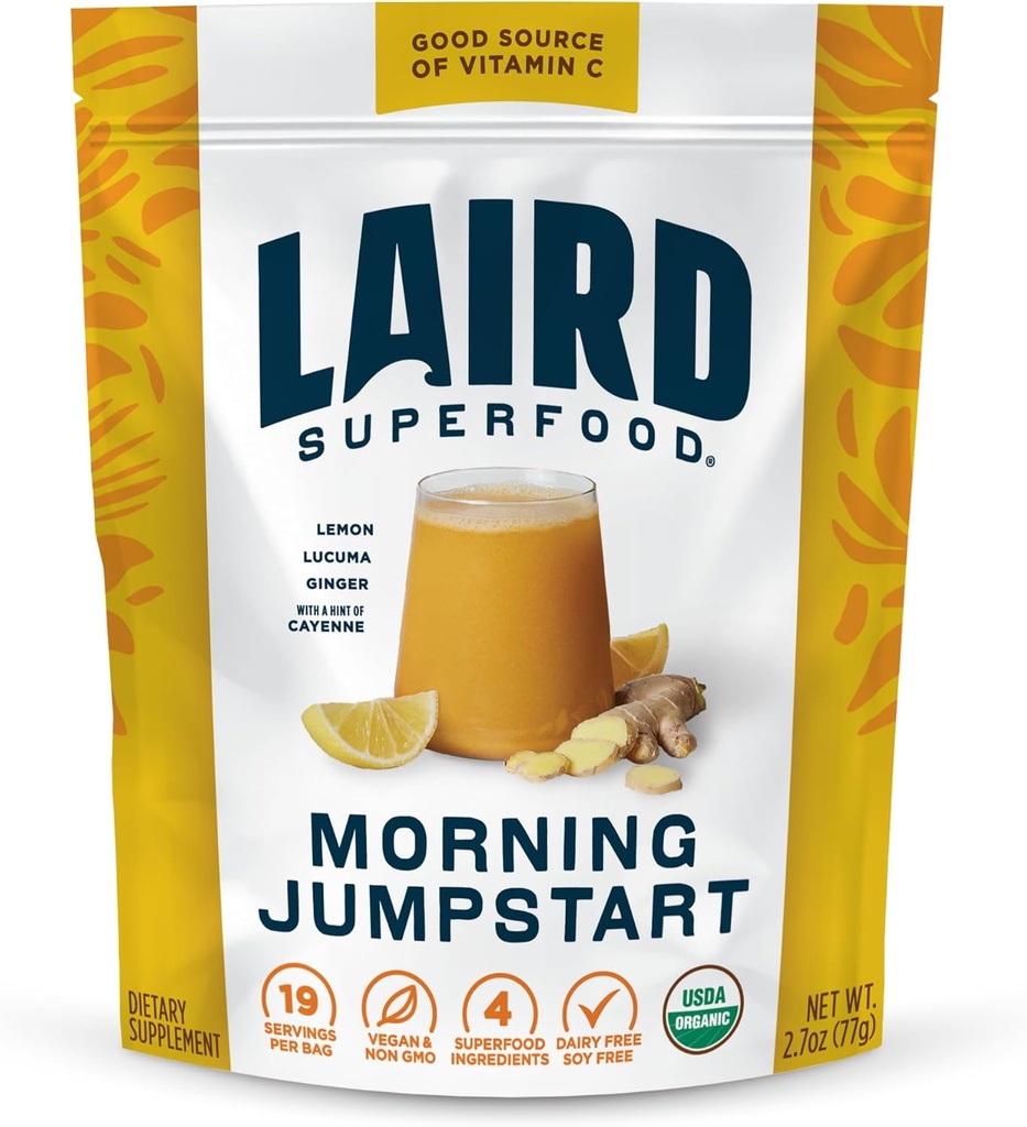 Laird Superfood Morning Jumpstart 분말 음료 보충교재, 레몬, Lucuma, Ginger 및 Cayenne Cleanse, 유기, 2.7 Oz 부대, 1의 팩