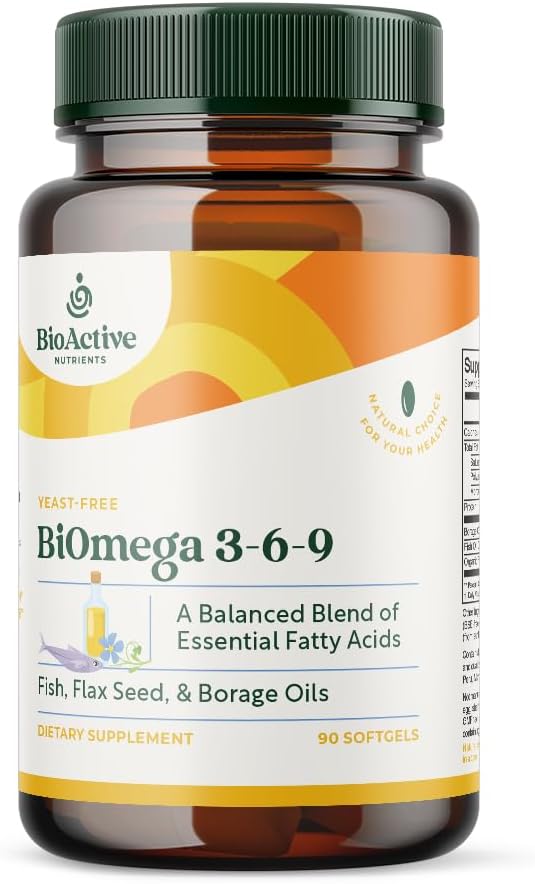 BIOACTIVE NUTRIENTS BiOmega 3-6-9 여성 및 남성을위한 보충 Softgels - 오메가 3 6 9 - 최고의 물고기, Flaxseed 오일 및 Borage 오일 보충 교재 - 1200mg - 90 Softgels
