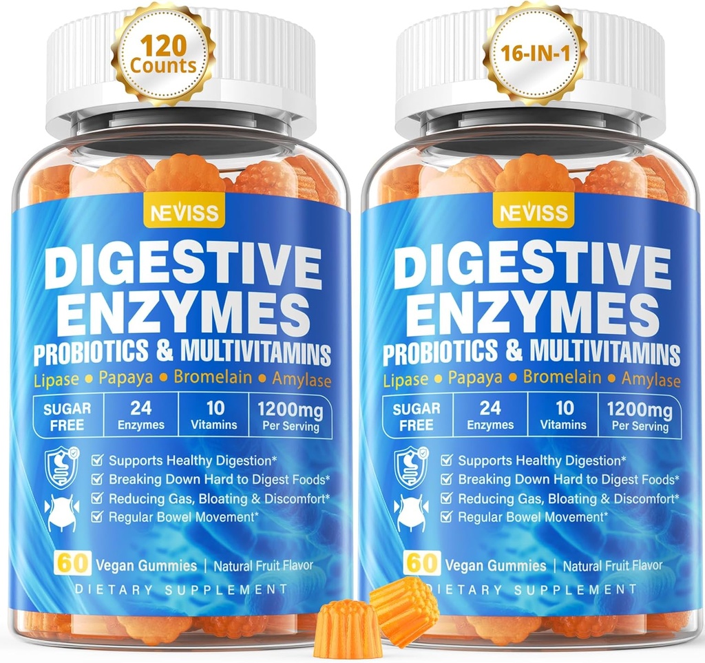 Probiotic Gummies, Multivitamins, 칼슘, 마그네슘과 소화 효소 - 모든 24 Essential Chewable Multi Enzymes - Papaya, Lipase, Amylase, Bromelain - Carbs, Proteins, Fats, 2Packs