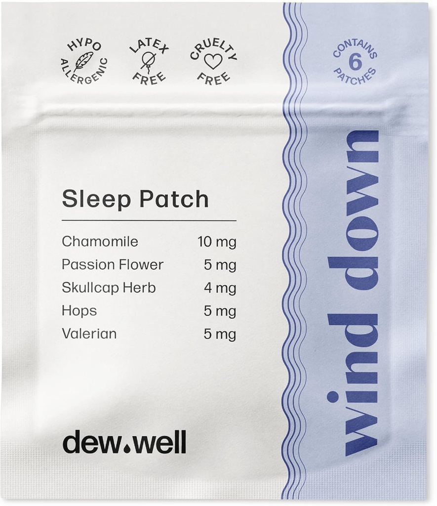 Dew Well Wind Down Sleep Patches - Melatonin Free Chamomile & Passion Flower Patchs for Natural Rest Aids - 편두통 구호를위한 스트레스 스트립 - 수면 스티커 및 핫 슬리퍼 구호 - 6 카운트 Clear